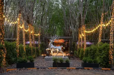 a garden with a statue of a horse and lights at Timber Society Boutique Hideaway in Phuket Town