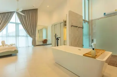 a large bathroom with a tub and a bed at Nicest In Phuket 4Br 1 km Bang Tao Beach V141 in Bang Tao Beach