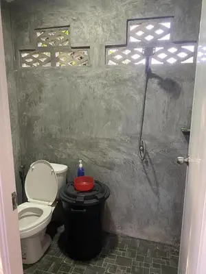 a bathroom with a toilet and a shower at thechalethome in Panwa Beach