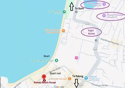 a map showing the location of the hotel at Kamala beach house 100m to the beach in Kamala Beach