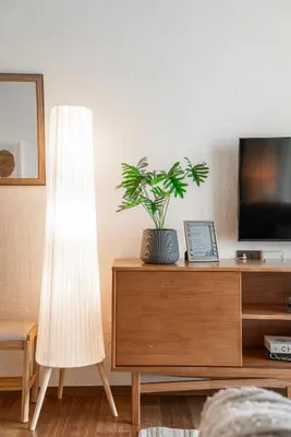 a lamp and a plant on top of a dresser at Title Halo Andaman Coast Pool View Gym in Nai Yang Beach