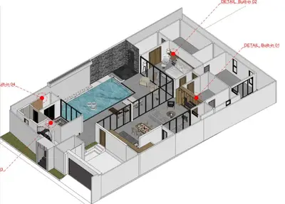 a floor plan of a house with a pool at Fully renovated Pool Villa 4BR Bangtao and Layan Beach in Cheong Thalea, Phuket in Phuket