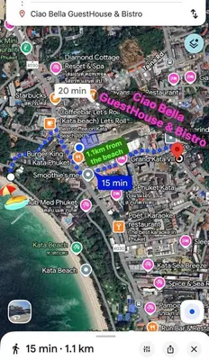 a map of a city with buildings and roads at Ciao Bella GuestHouse & Bistro in Kata Beach