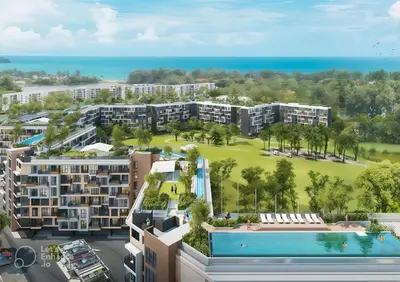 an aerial view of apartment buildings and a pool at Skypark private new apartmant in Phuket