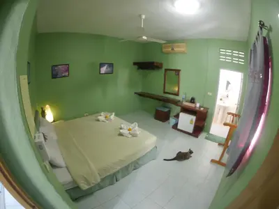 a bedroom with two cats sitting on a bed at Adams house in Patong Beach