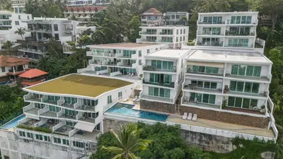 an aerial view of buildings in a city at Apartment Kata Ocean View in Kata Beach