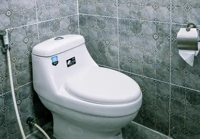 a white toilet in a bathroom with a roll of toilet paper at Sugar and Spice Inn in Kata Beach