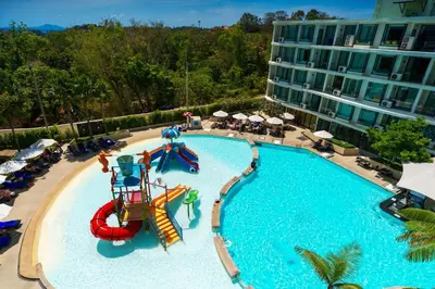 an overhead view of a swimming pool at a hotel at New stylish studio in La Vita 5 in Rawai Beach