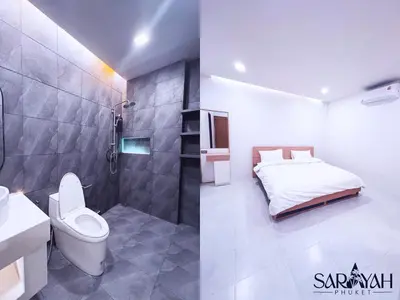 a bathroom with a bed and a shower and a toilet at Sarayah Phuket Pool Villa in Phuket Town