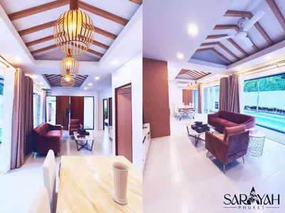 two pictures of a living room and a dining room at Sarayah Phuket Pool Villa in Phuket Town