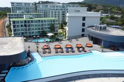an aerial view of a resort with a swimming pool at 5 Star La Vita Studio Rawai 702 in Phuket Town