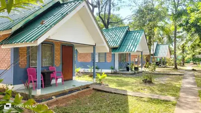 a house with a green roof and pink chairs at Alanta aonang resort in Ban Khlong Haeng