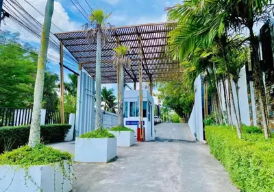 a walkway with palm trees in front of a building at Plus condo 2 kathu by Tida in Kathu
