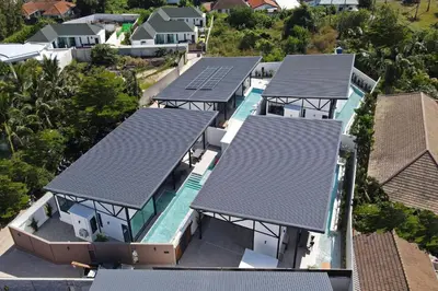 an overhead view of a house with solar panels on its roofs at New, Modern & Stylish 17m Eco Pool Villa Sunset Garden 11 in Rawai in Rawai Beach