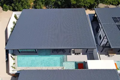 an overhead view of a house with a roof at New, Modern & Stylish 17m Eco Pool Villa Sunset Garden 11 in Rawai in Rawai Beach