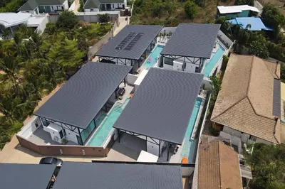 an overhead view of a house with a swimming pool at Trendy & New 19m Oxygen Pool Villa Sunset Garden 10 in Rawai in Rawai Beach