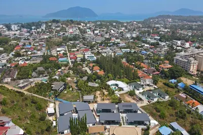an overhead view of a city with houses and trees at Trendy & New 19m Oxygen Pool Villa Sunset Garden 10 in Rawai in Rawai Beach
