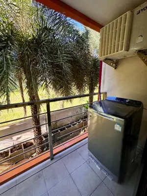 a view of a palm tree from a window at NBC апартаменты у пляжа in Rawai Beach