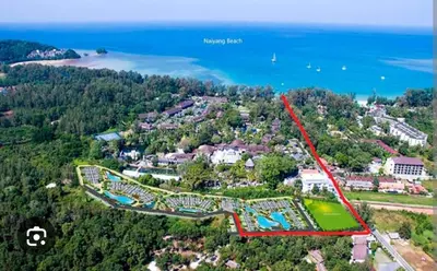 an aerial view of a resort with a red map at Title Residencies Naiyang 2 Bedrooms PoolAccess in Nai Yang Beach