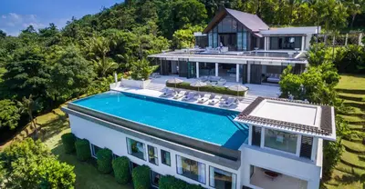 an aerial view of a house with a swimming pool at Ocean's 11 Villa in Thalang