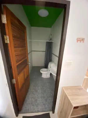 a bathroom with a toilet and a wooden door at Da Puccio Rawai Guesthouse in Rawai Beach