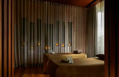 a hotel room with two beds and a window at Phuket V Building 19 Villas with Andaman Sea View Private Swimming Pool and Spa in Ban Ao Makham