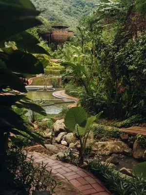 a garden with a walkway in the middle at Keemala in Kamala Beach