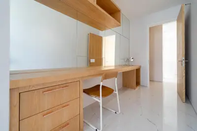 a kitchen with a wooden desk and a chair at Modern Elegance & Tropical Vibe - 4BR Pool Villa in New Build Residence Lux Pride 2 V10 in Bang Tao Beach