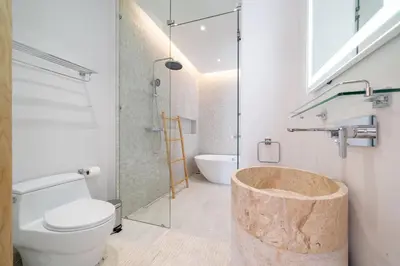 a bathroom with a shower and a toilet and a tub at Exclusive Living in Designer 4BR Pool Villa in Lux Pride 2 V11 Residence, Near Laguna in Bang Tao Beach