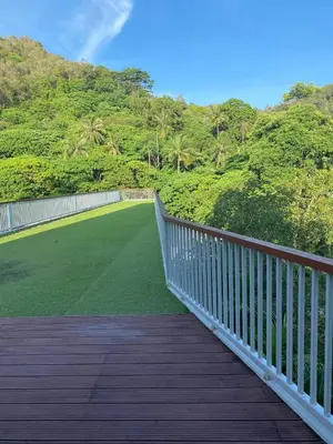 a wooden boardwalk with a field of green grass at Karon rooftop pool condo in Karon Beach