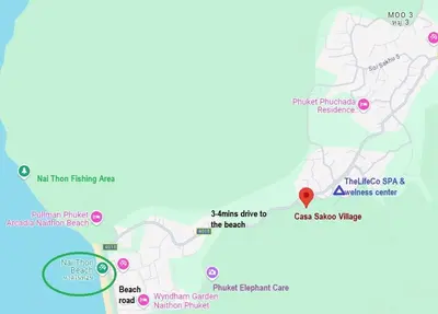 a map of the resort with attractions at Nai Thon villa with pool, garden, rooftop terrace in Nai Thon Beach