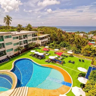 an aerial view of a resort with a swimming pool at Karon Butterfly Condominium Brandnew, spacious 65m2 full seaview apartment, large pool, 300m from Karon beach in Karon Beach