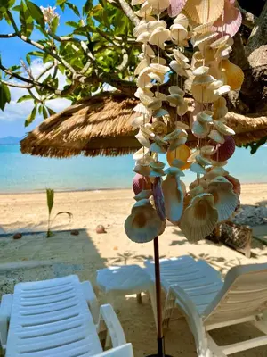 a bunch of shells on a beach with two chairs at Beach Loft in Ko Thanan