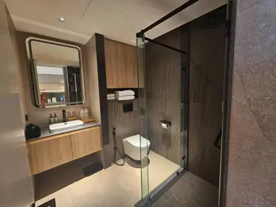 a bathroom with a shower and a toilet and a sink at Modern apartment Layan Beach in Layan Beach