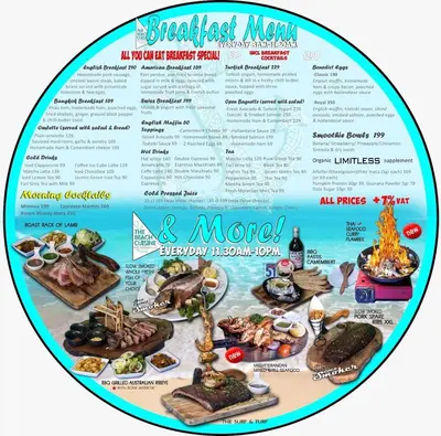 a menu for a steak last night and moore restaurant at The beach house in Surin Beach