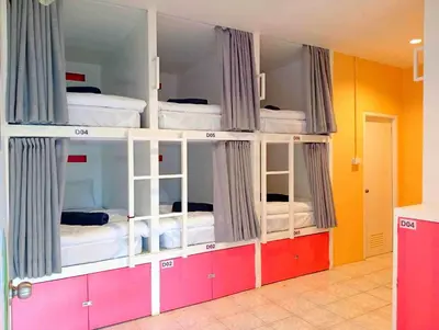 a room with three bunk beds in a room at Go To Party Hostel and Bar Aonang in Ao Nang Beach