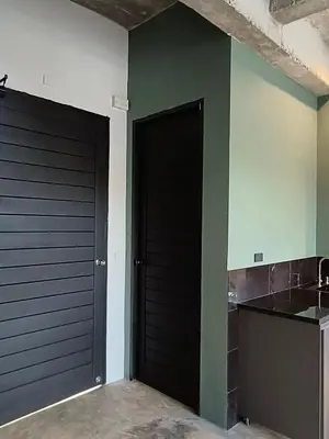 a black garage door in a room with green walls at Sky Lofts Airport Phuket in Nai Yang Beach