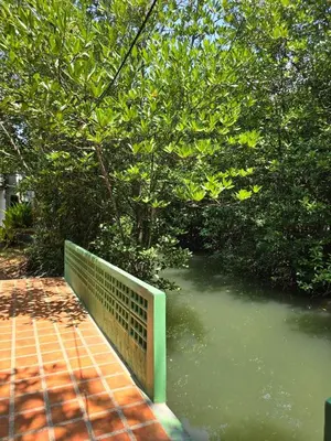 a green fence next to a body of water at Aonang Riverside Home in Ban Khlong Son