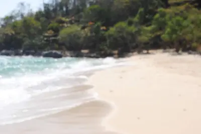a sandy beach with the ocean and trees in the background at CHEZ MAURICE A RAWAIi in Rawai Beach