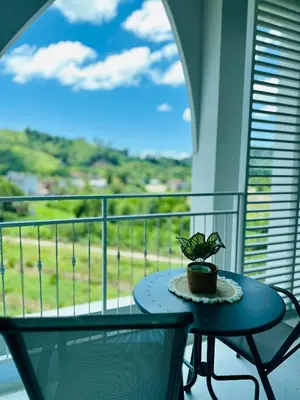 a potted plant sitting on a table on a balcony at Title Halo, 2 bedrooms apartment in Nai Yang Beach