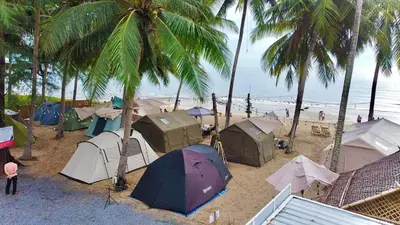 a group of tents on a beach with palm trees at Private Beach Camping on island at Koh Lon Island in Ko Lon