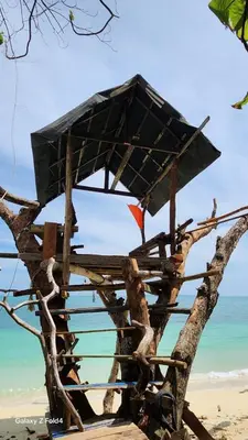 a wooden structure in a tree on the beach at Naturist Beach Camping Private Beach Phuket in Ko Lone