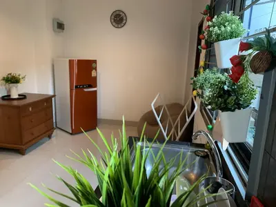 a kitchen with potted plants and a refrigerator at Kata House in Kata Beach
