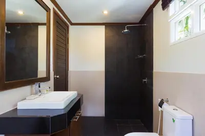 a bathroom with a sink and a shower at Thai-Balinese Villa Alex in Rawai, 3BR, Private Pool in Rawai Beach