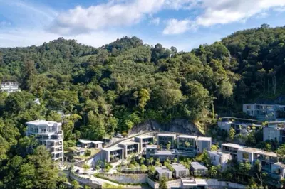 an aerial view of a building on a mountain at Nature & Serenity - Exclusive Villa-Pavilion P06 in Natural Park Residence near Kamala Beac in Kamala Beach