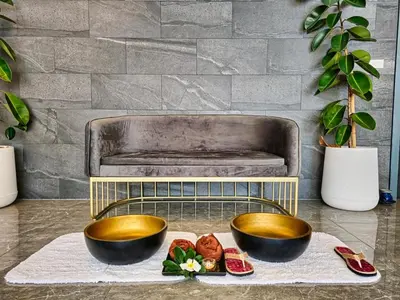 two bowls on a tray with food on a table at New Studio in 5 Hotel 500m to Rawai beach in Phuket Town