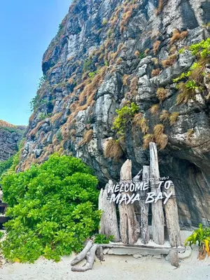 a bench on the beach in front of a mountain at Tropical Vibes Mini Hostel in Phi Phi Don