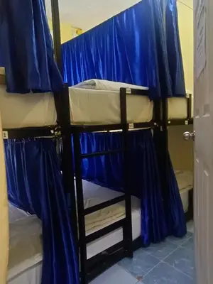 a room with two bunk beds with blue curtains at 3Plus1 Hostel Patong in Patong Beach