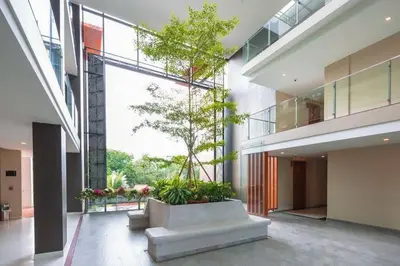 a lobby with a large window and plants in a building at At the tree by fatimah Rawai R315 in Rawai Beach