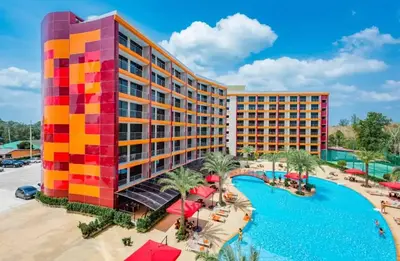 an aerial view of a resort with a pool at Palm Breeze View in Ban Mai Salae